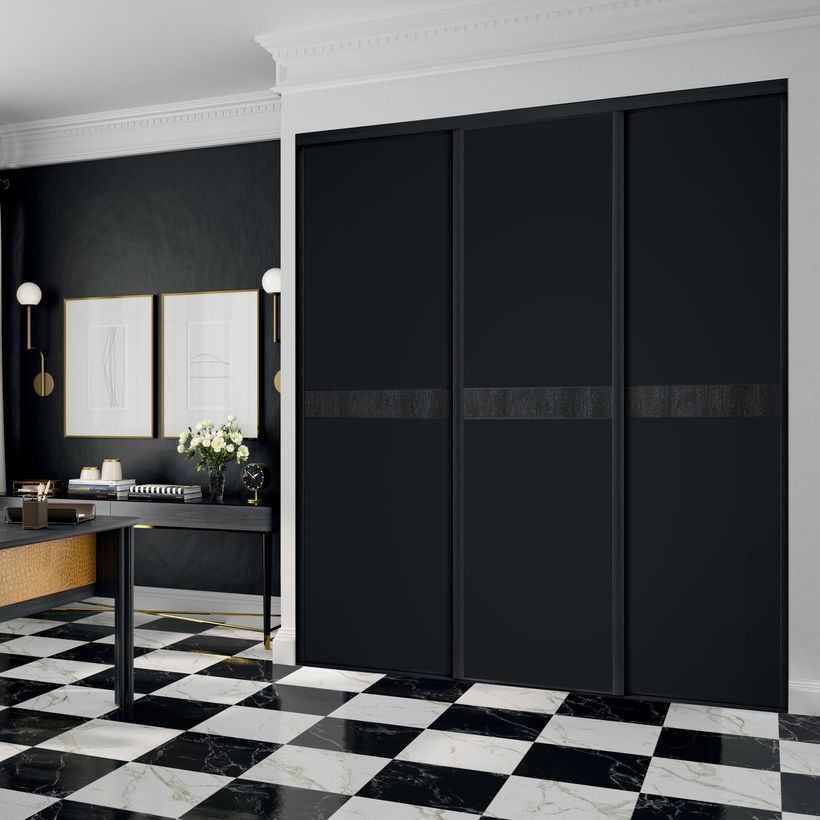 Façade de placard coulissante 3 portes décor noir intense, décor structuré ébène craquelé