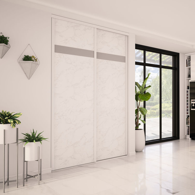 Façade de placard coulissante 2 portes décor marbre blanc, décor gris intense