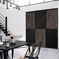 Façade de placard coulissante 3 portes décor bois fumé brut, décor noir intense