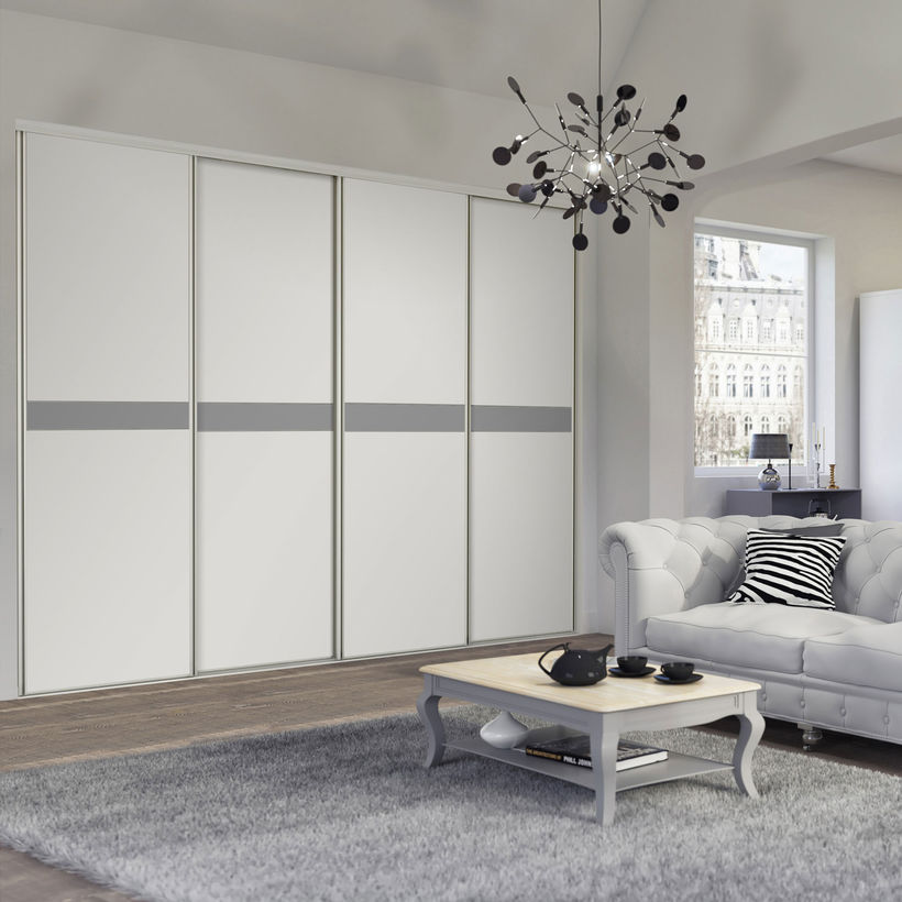 Façade de placard coulissante 4 portes décor blanc mat, décor gris intense