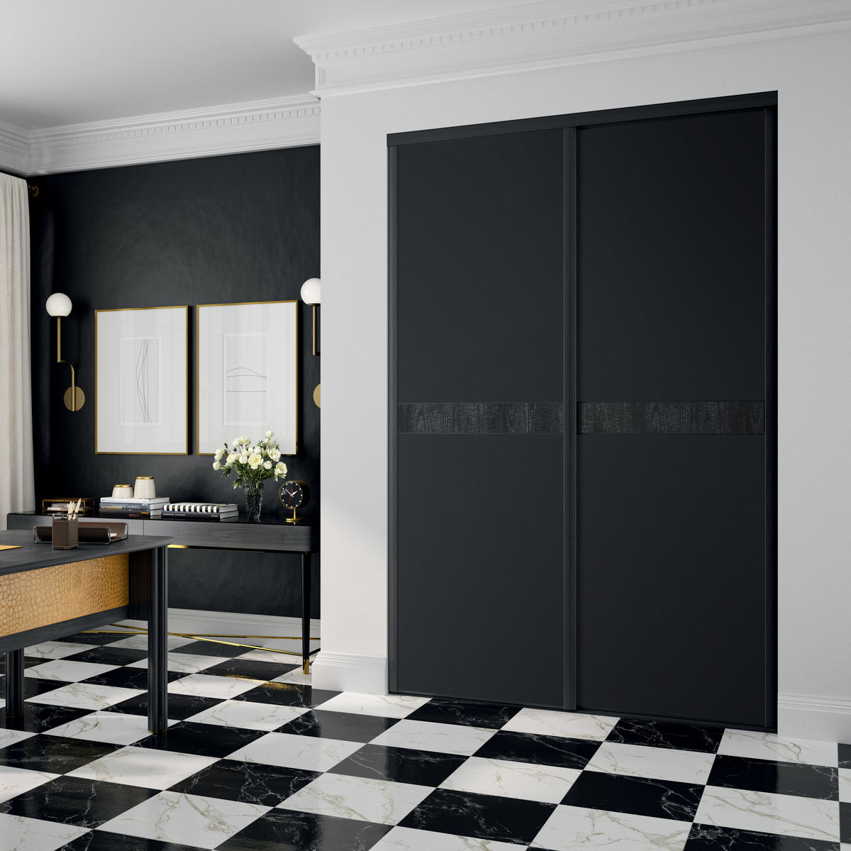 Façade de placard coulissante 2 portes décor noir intense, décor structuré ébène craquelé