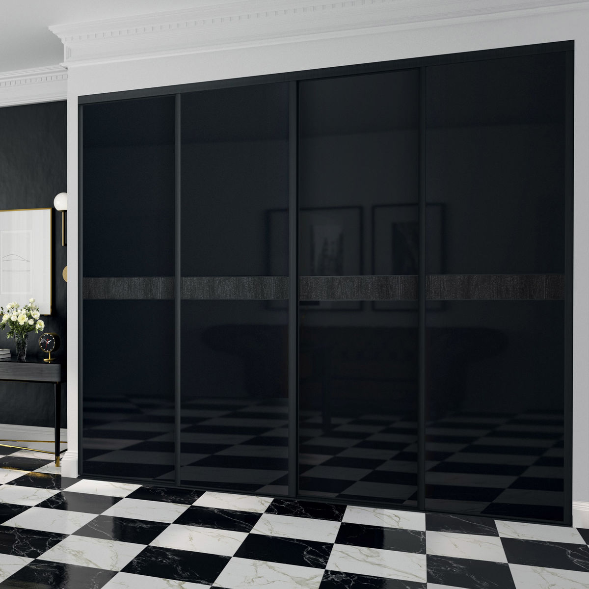 Façade de placard coulissante 4 portes verre laqué noir, décor structuré ébène craquelé