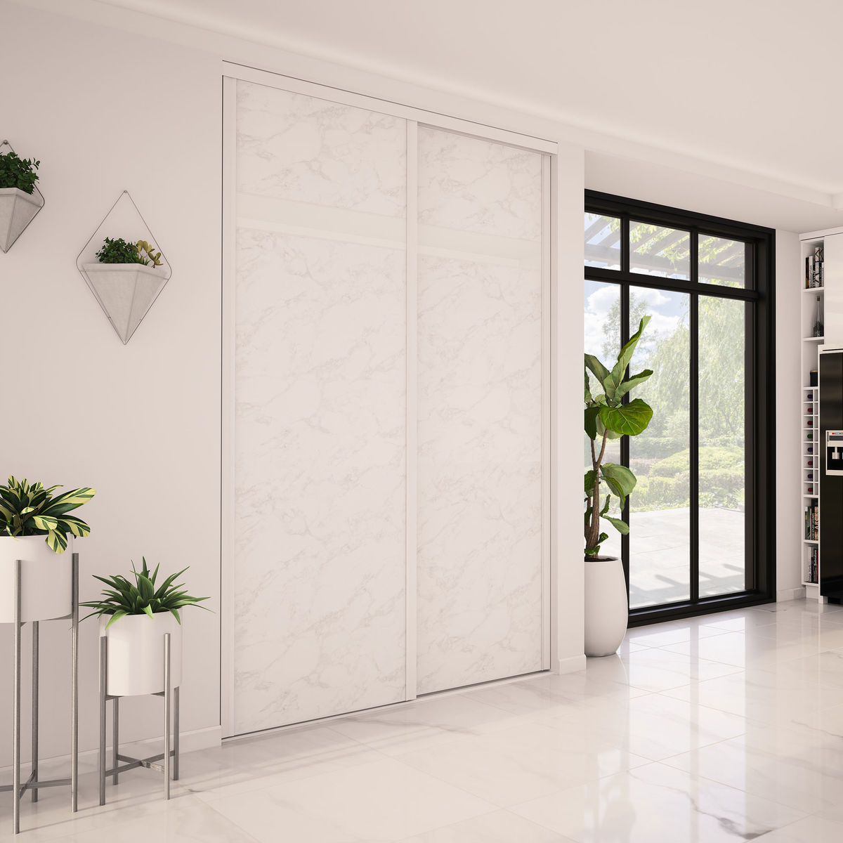 Façade de placard coulissante 2 portes décor marbre blanc, verre laqué blanc pur