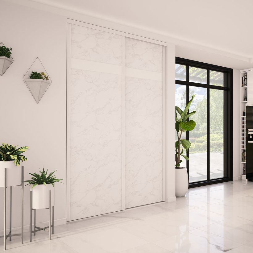 Façade de placard coulissante 2 portes décor marbre blanc, décor blanc mat