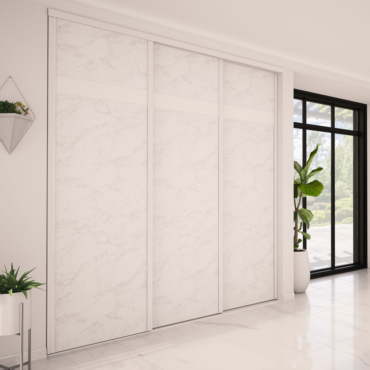 Façade de placard coulissante 3 portes décor marbre blanc, décor blanc mat