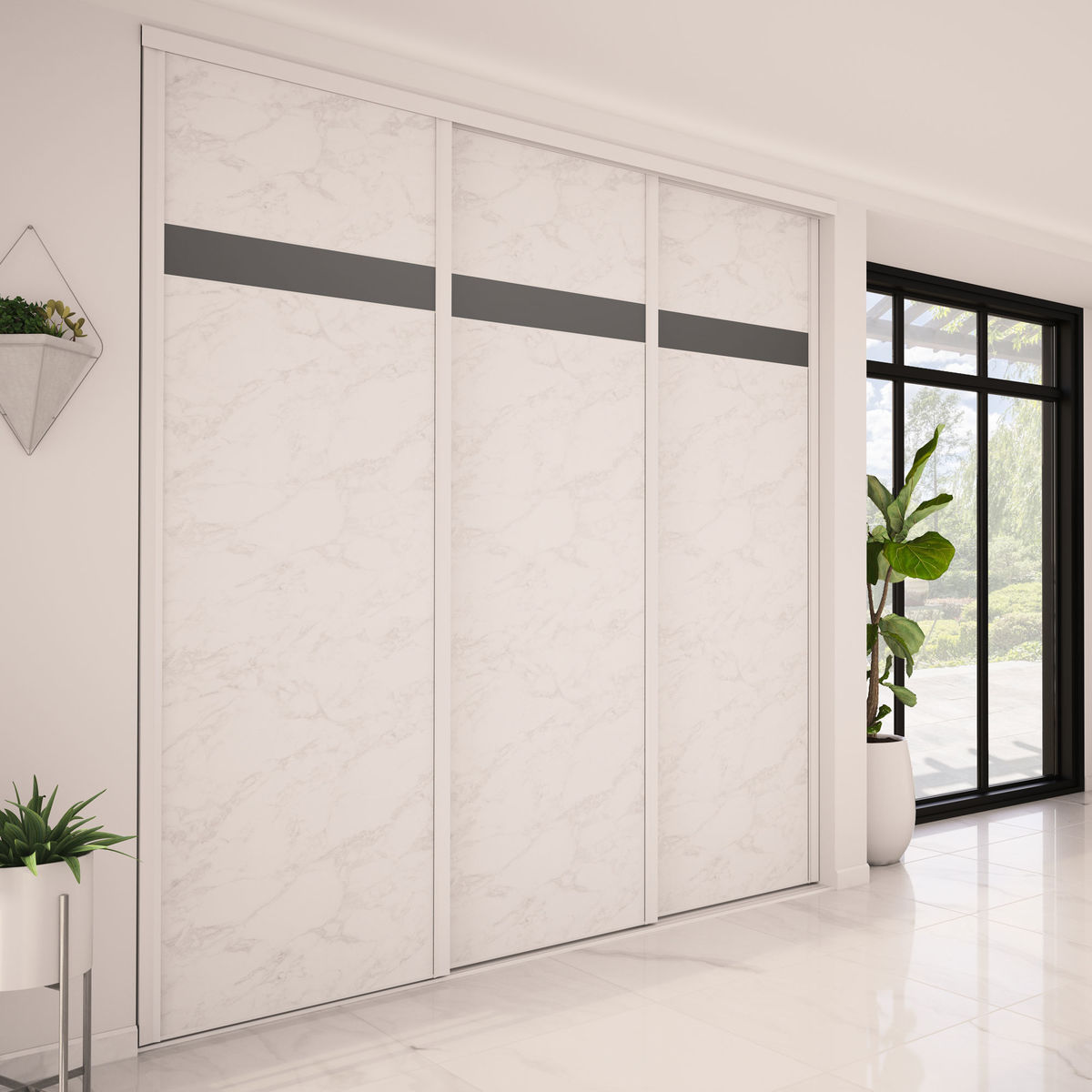 Façade de placard coulissante 3 portes décor marbre blanc, décor gris anthracite