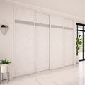Façade de placard coulissante 4 portes décor marbre blanc, verre laqué gris perle