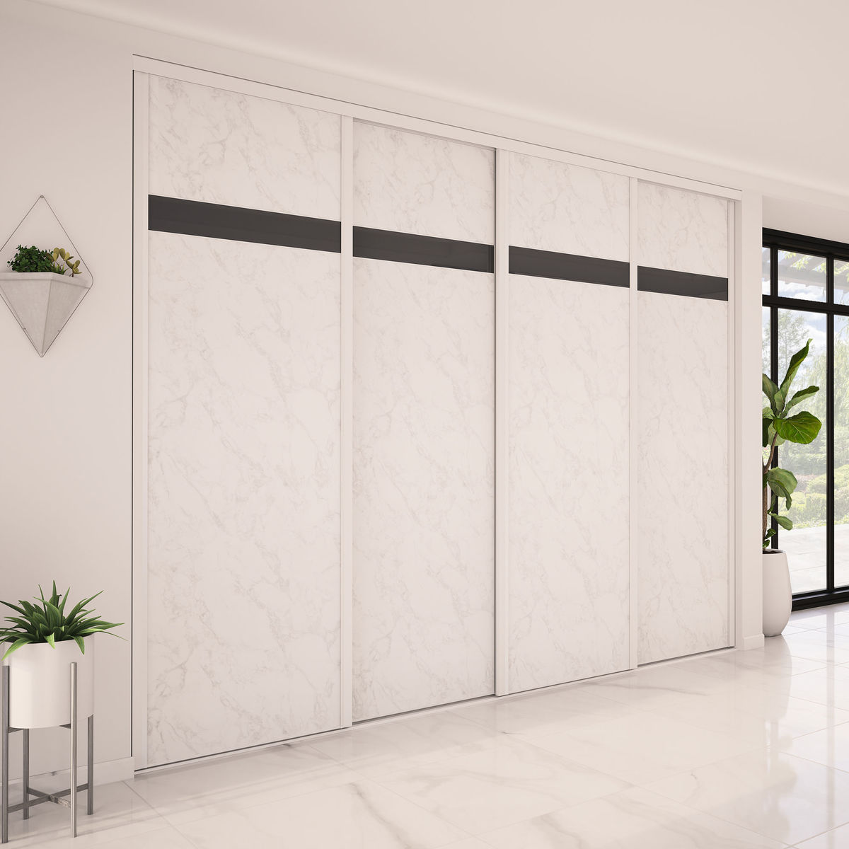 Façade de placard coulissante 4 portes décor marbre blanc, verre laqué gris foncé