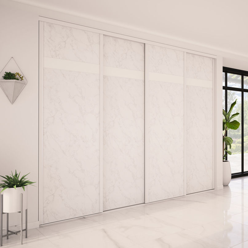 Façade de placard coulissante 4 portes décor marbre blanc, décor blanc mat