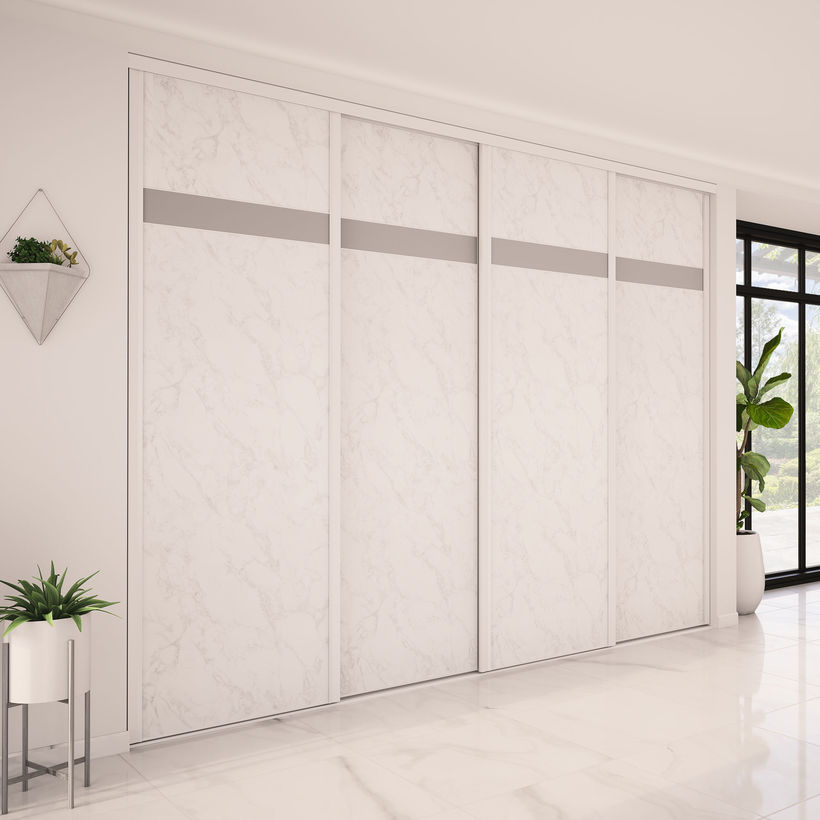 Façade de placard coulissante 4 portes décor marbre blanc, décor gris intense