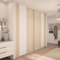Façade de placard coulissante 4 portes décor blanc mat, décor bois patiné rose
