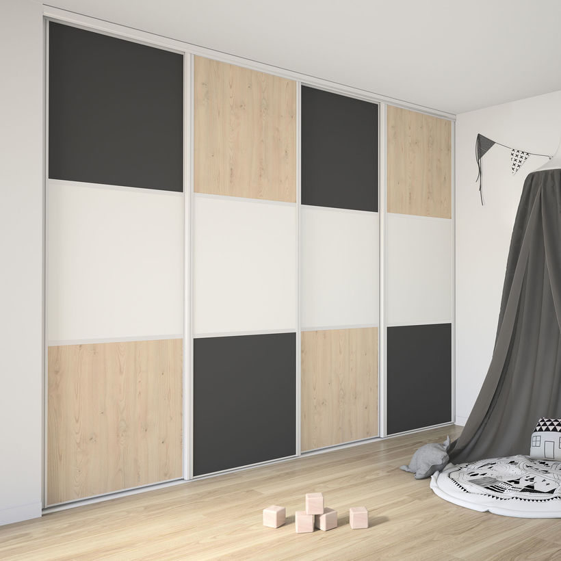 Façade de placard coulissante 4 portes décor gris anthracite, décor blanc mat, décor châtaignier clair
