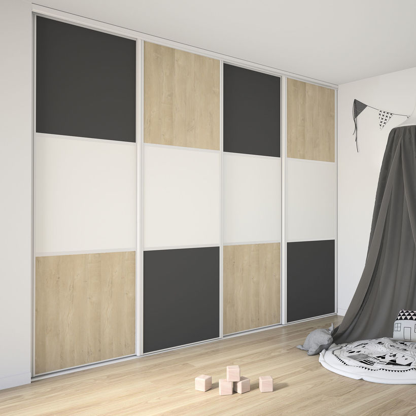 Façade de placard coulissante 4 portes décor gris anthracite, décor blanc mat, décor chêne blond
