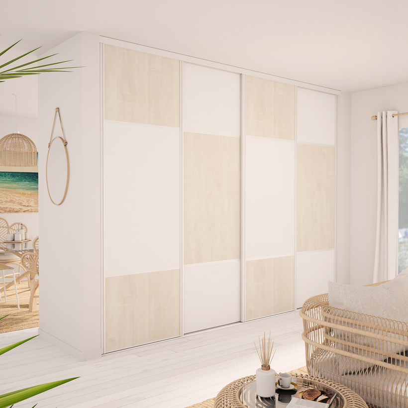 Façade de placard coulissante 4 portes décor bois flotté crème, décor blanc mat
