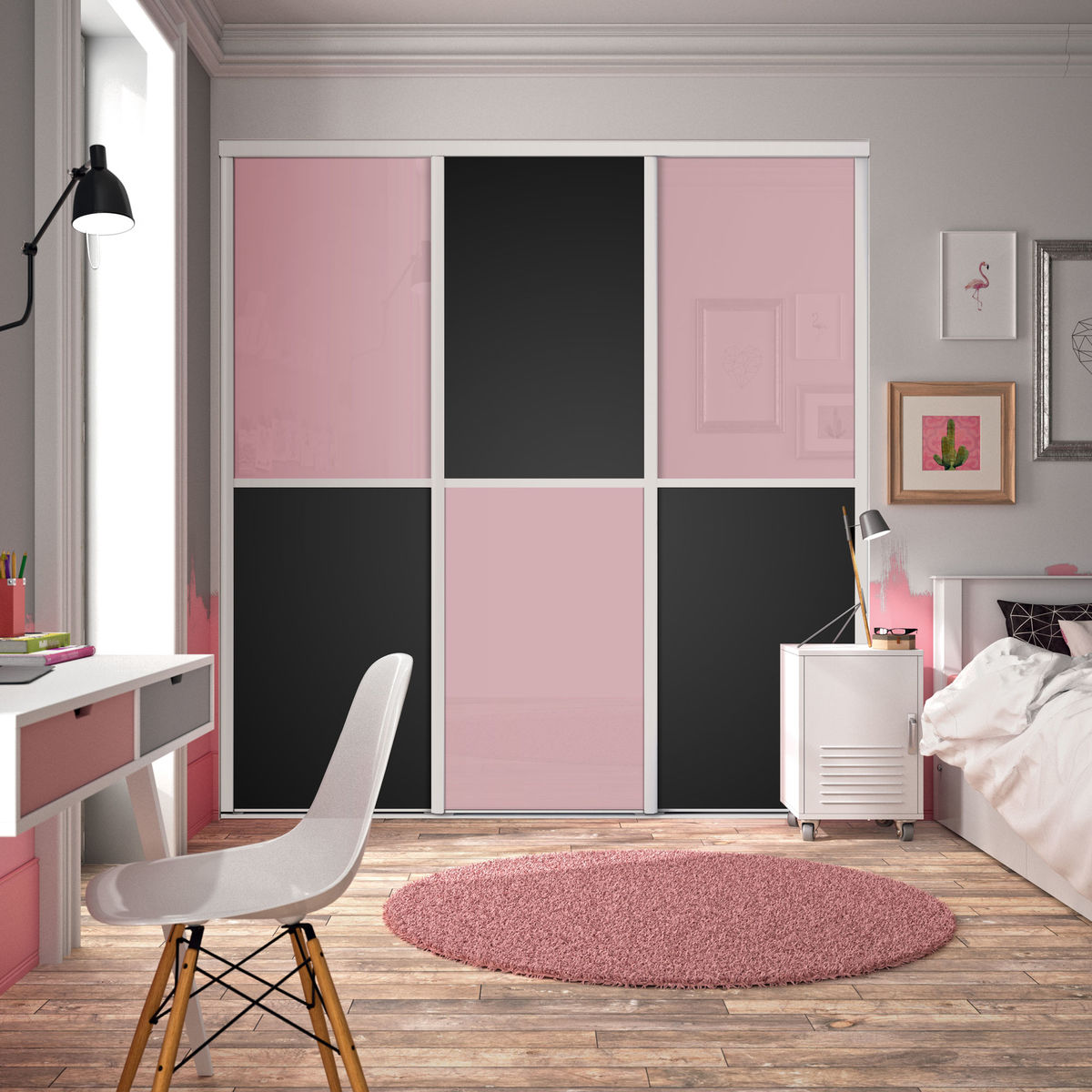 Façade de placard coulissante 3 portes verre laqué rose pastel, décor noir intense