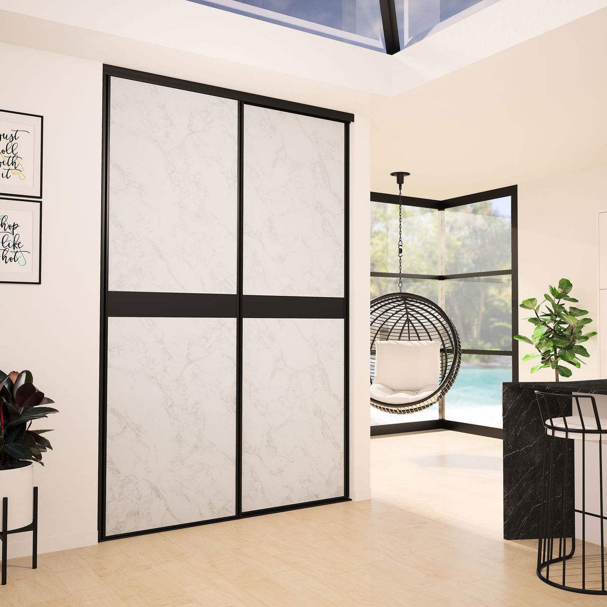 Façade de placard coulissante 2 portes décor marbre blanc, décor noir intense