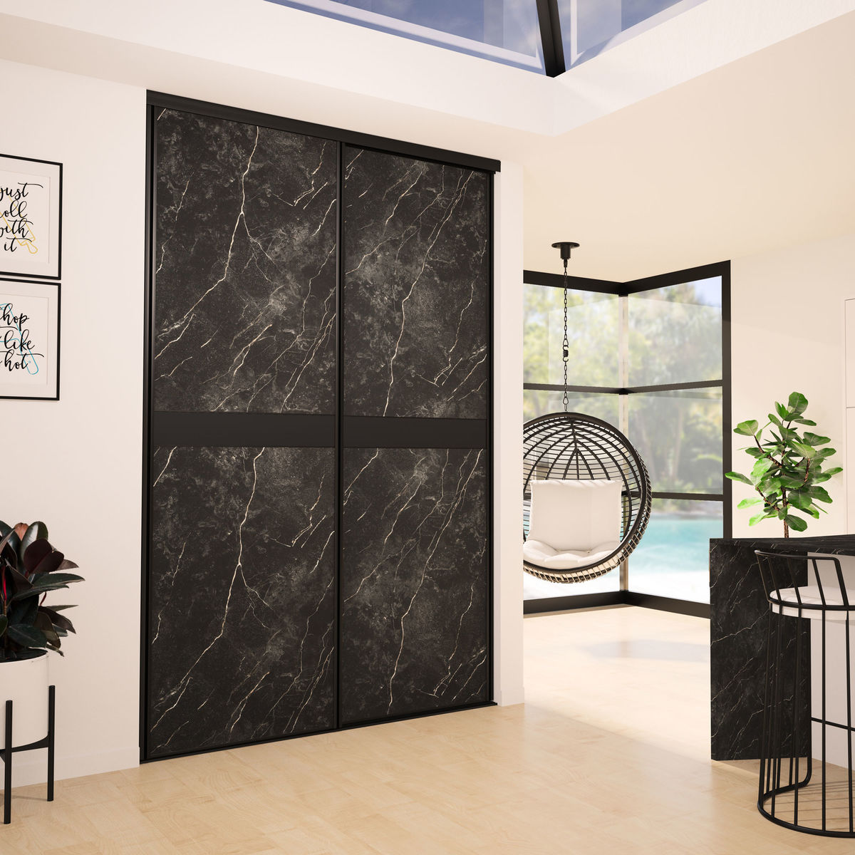 Façade de placard coulissante 2 portes décor marbre noir, décor noir intense