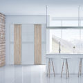 Façade de placard coulissante 3 portes décor chêne flanelle brut, verre laqué blanc pur
