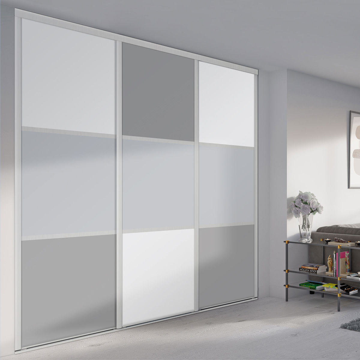 Façade de placard coulissante 3 portes décor blanc mat, décor gris galet, décor gris intense