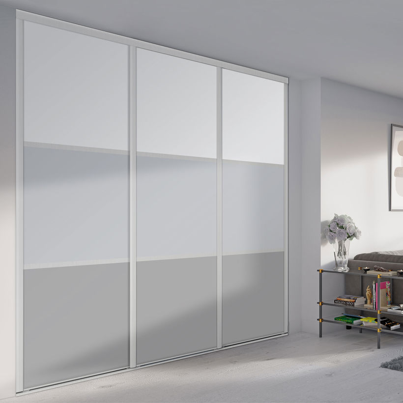 Façade de placard coulissante 3 portes décor blanc mat, décor gris galet, décor gris intense