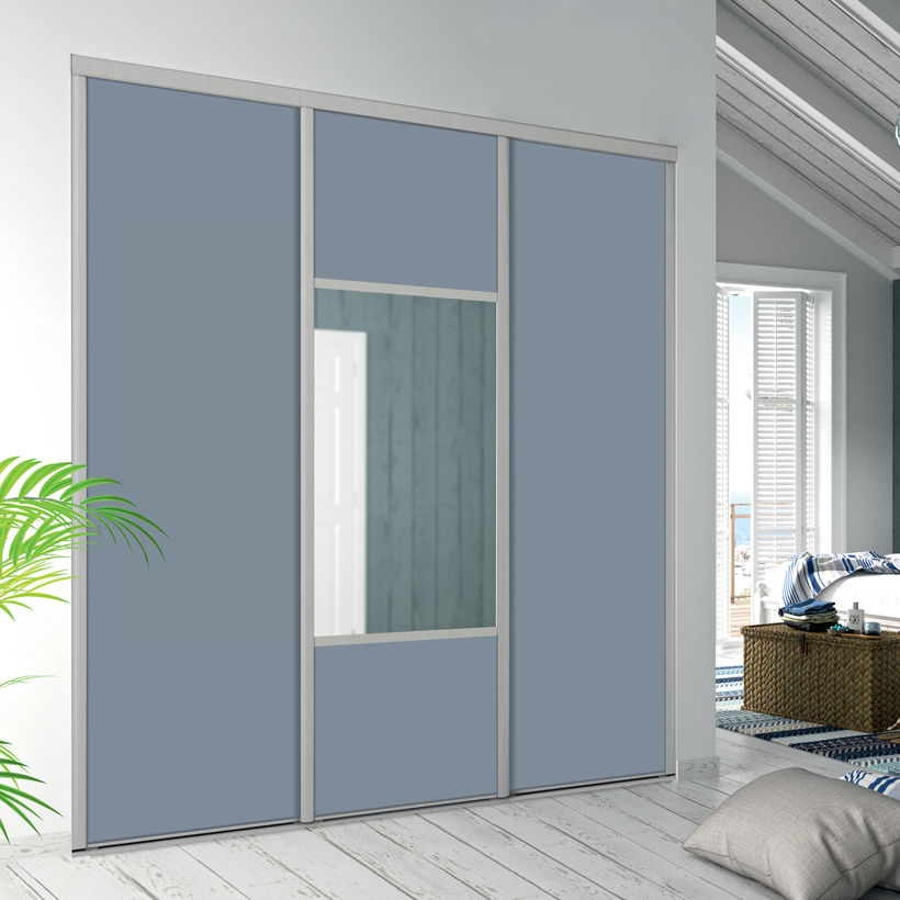 Façade de placard coulissante 3 portes décor bleu gris, miroir argent