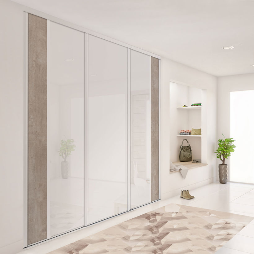 Façade de placard coulissante 3 portes verre laqué blanc pur, décor chêne flanelle brut