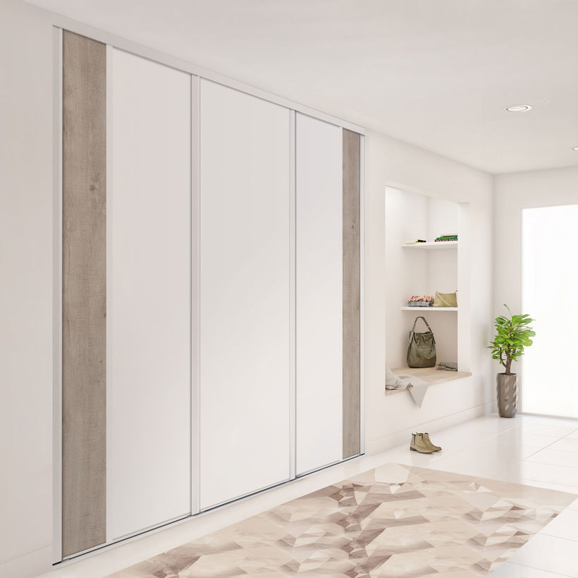 Façade de placard coulissante 3 portes décor blanc mat, décor chêne flanelle brut