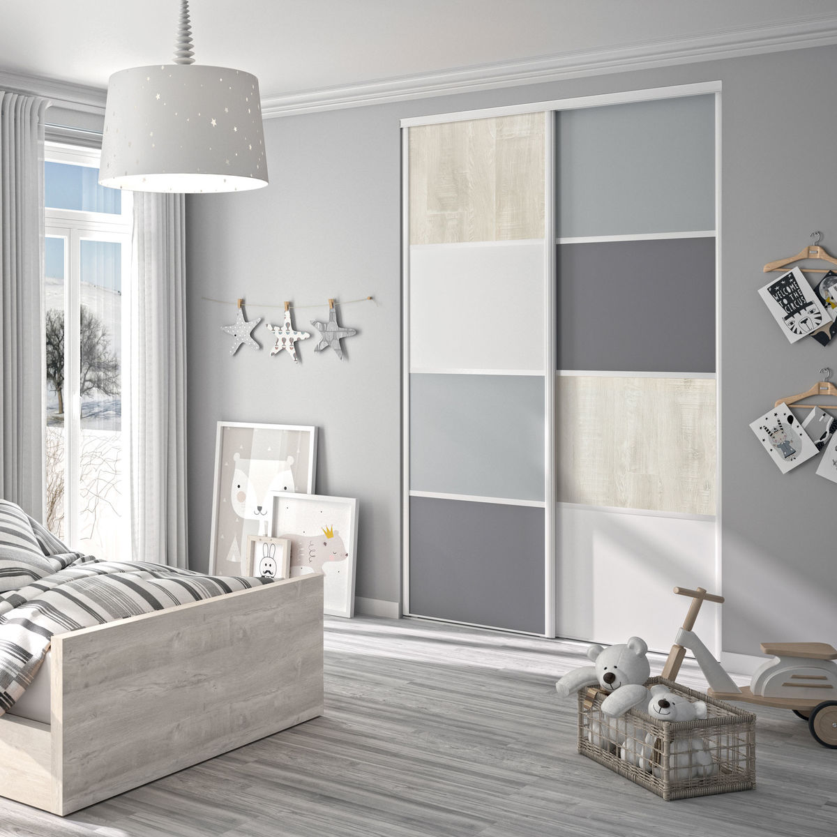 Façade de placard coulissante 2 portes décor gris galet, décor gris intense, décor bois flotté crème, décor blanc mat