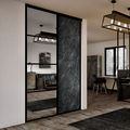 Façade de placard coulissante 2 portes miroir argent, décor marbre noir