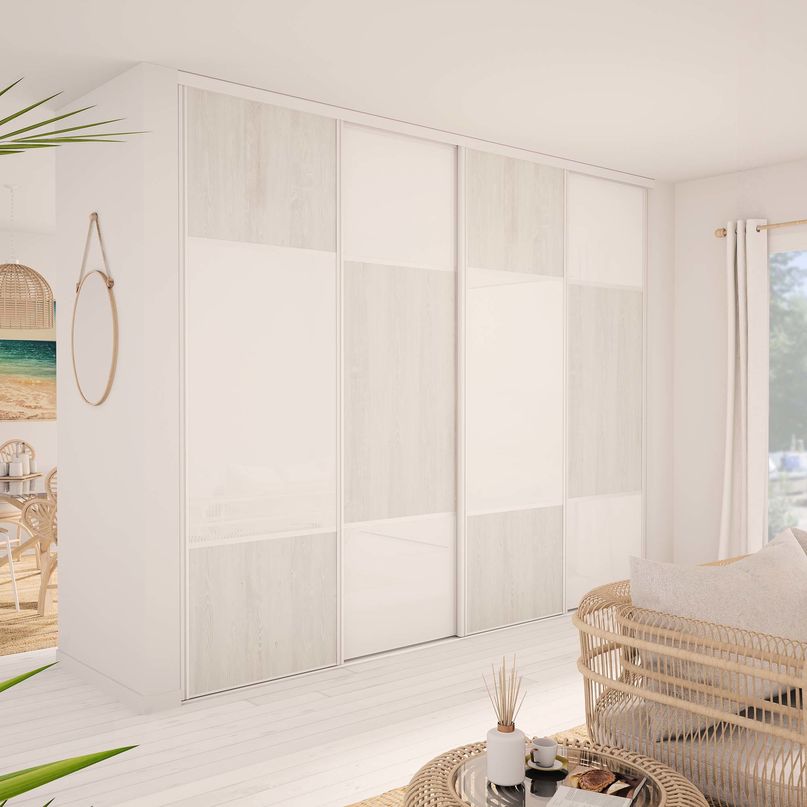 Façade de placard coulissante 4 portes décor pin blanc vieilli, verre laqué blanc pur