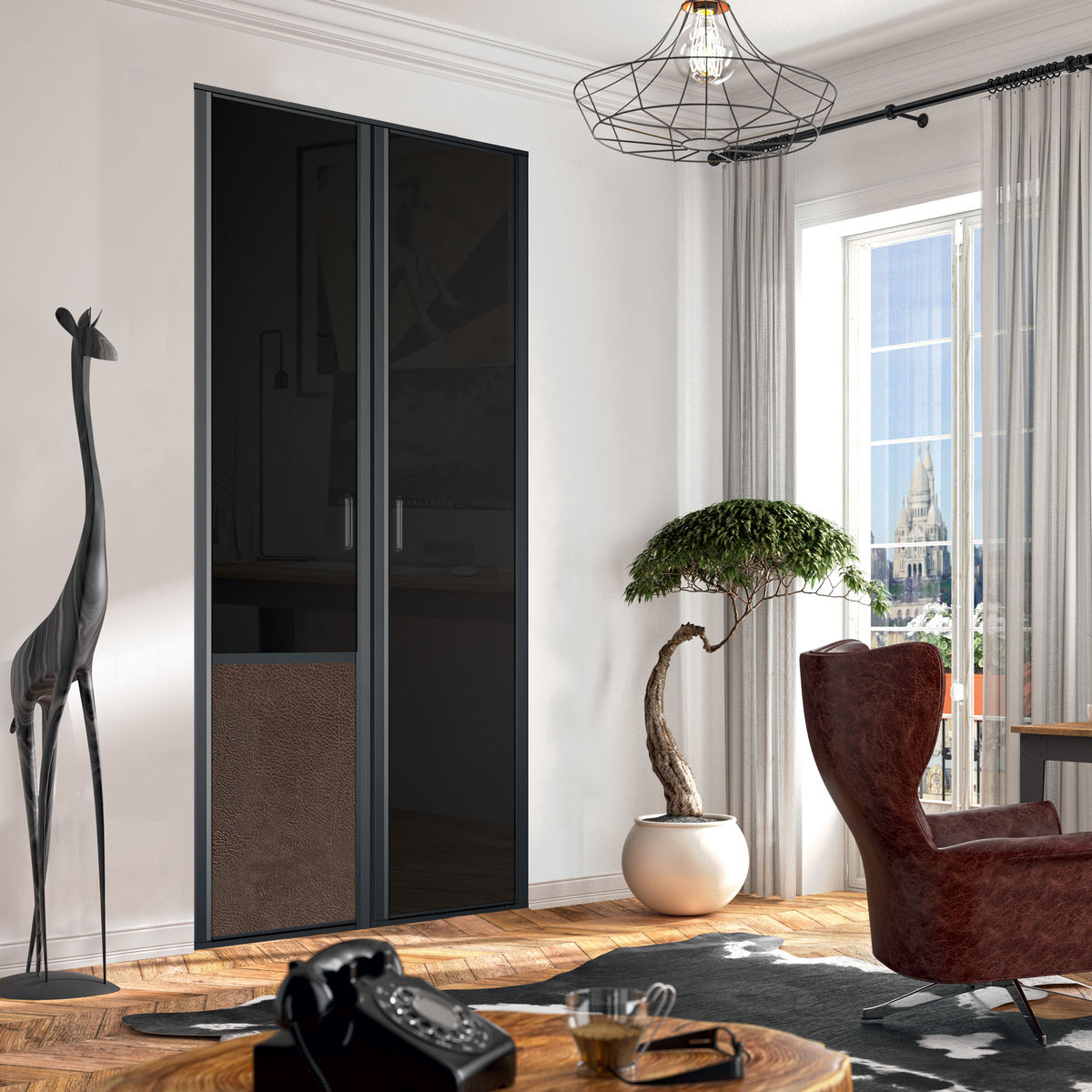 Façade de placard pivotante 2 portes verre laqué noir, effet cuir vintage brun