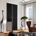 Façade de placard pivotante 2 portes verre laqué noir, effet cuir vintage beige