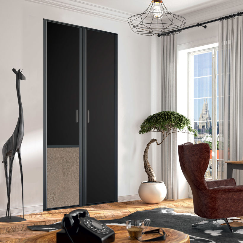 Façade de placard pivotante 2 portes décor noir intense, effet cuir vintage beige