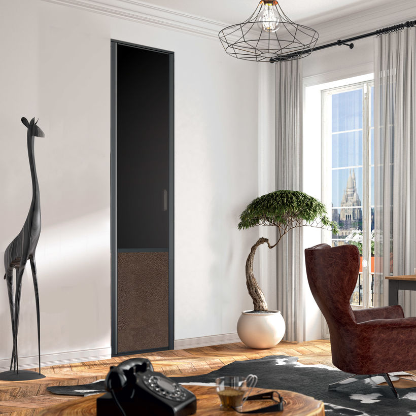 Façade de placard pivotante 1 porte décor noir intense, effet cuir vintage brun