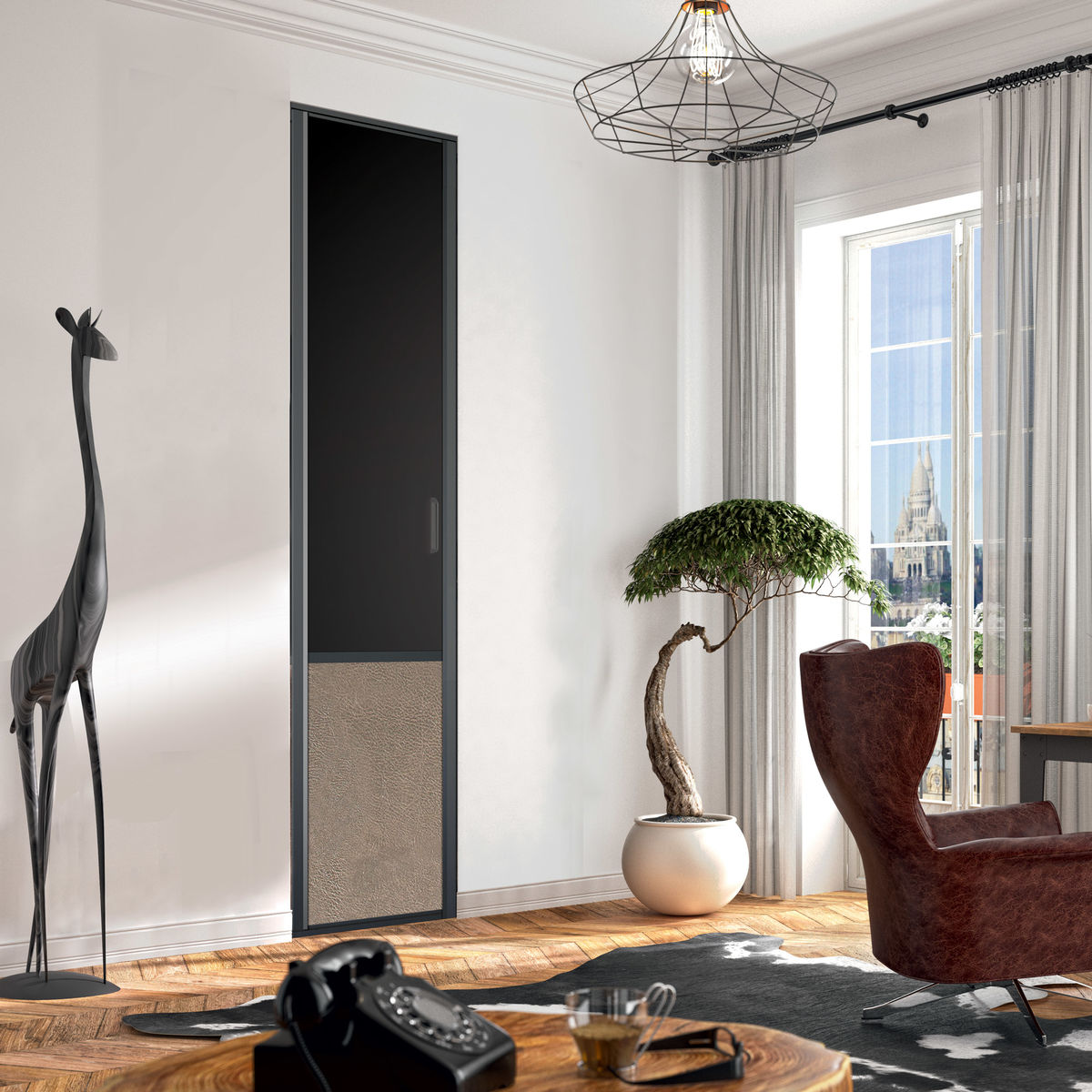 Façade de placard pivotante 1 porte décor noir intense, effet cuir vintage beige