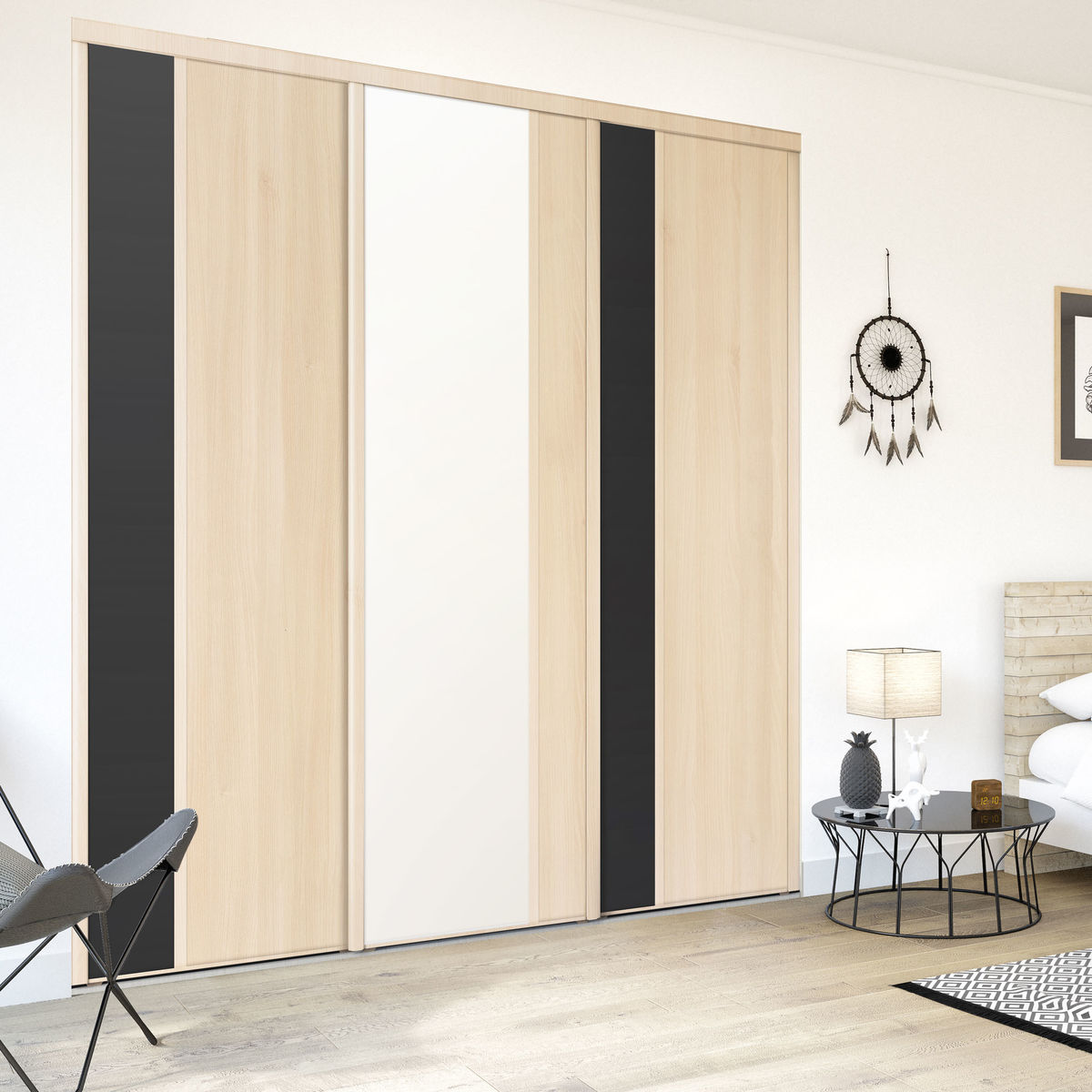 Façade de placard coulissante 3 portes décor acacia clair, décor noir intense, décor blanc mat