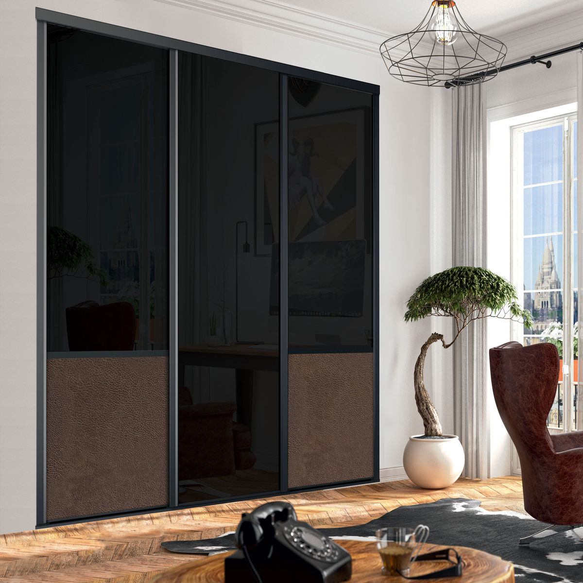 Façade de placard coulissante 3 portes verre laqué noir, effet cuir vintage brun