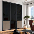 Façade de placard coulissante 3 portes verre laqué noir, effet cuir vintage beige