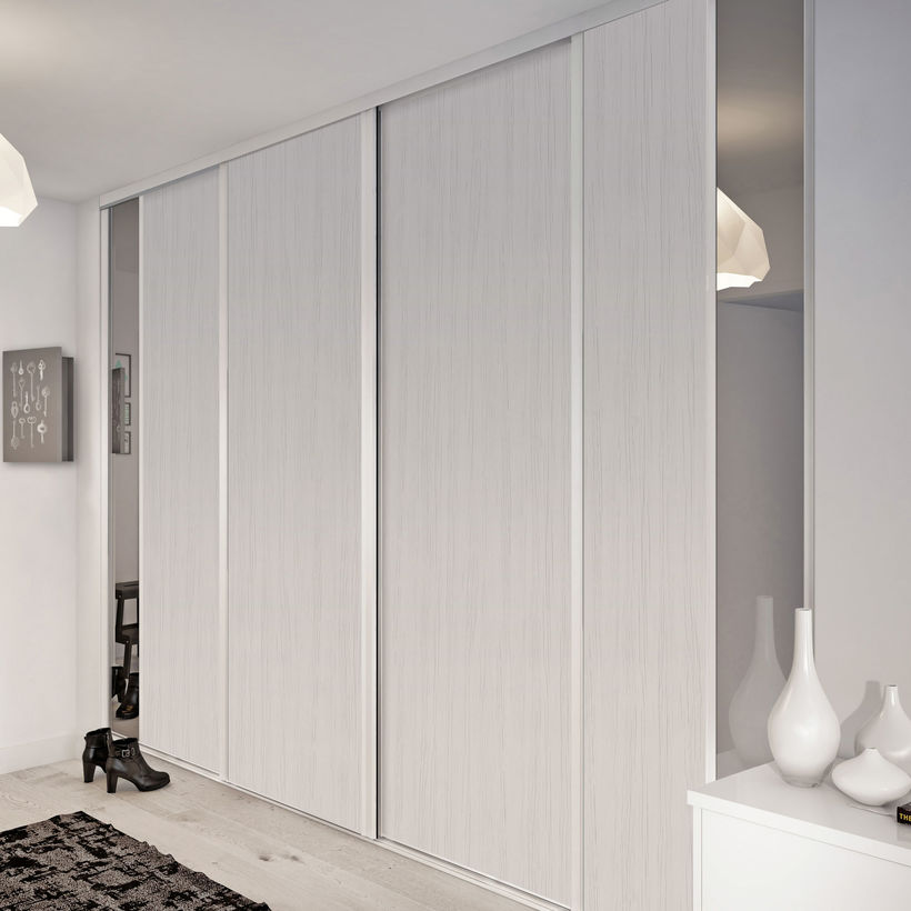 Façade de placard coulissante 4 portes décor zebrano blanc, miroir argent