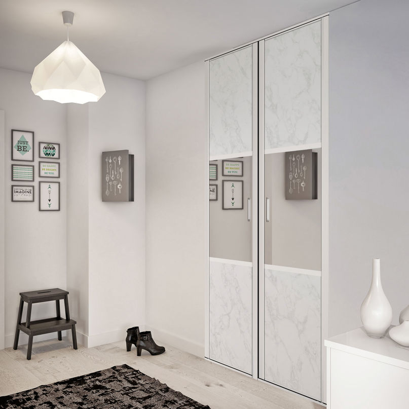 Façade de placard pivotante 2 portes décor marbre blanc, miroir argent