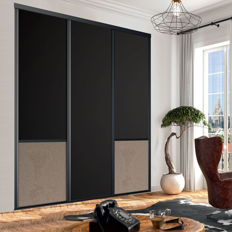 Façade de placard coulissante 3 portes décor noir intense, effet cuir vintage beige