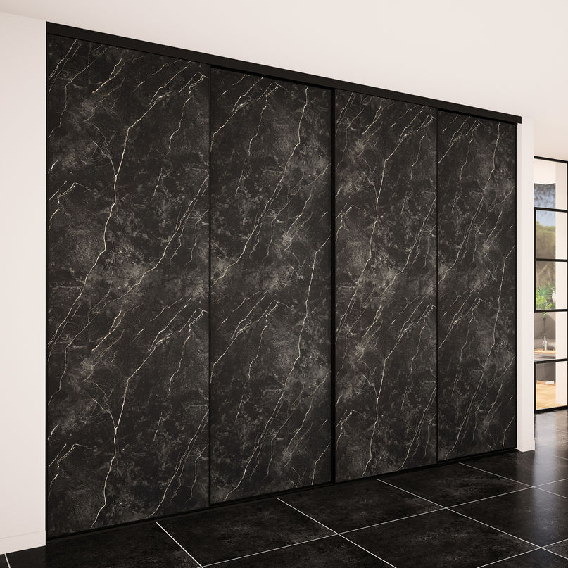 Façade de placard coulissante 4 portes décor marbre noir