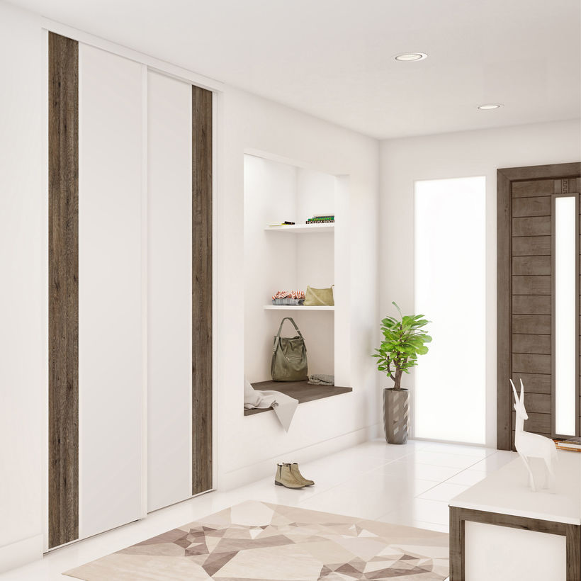Façade de placard coulissante 2 portes décor blanc mat, décor authentique brun