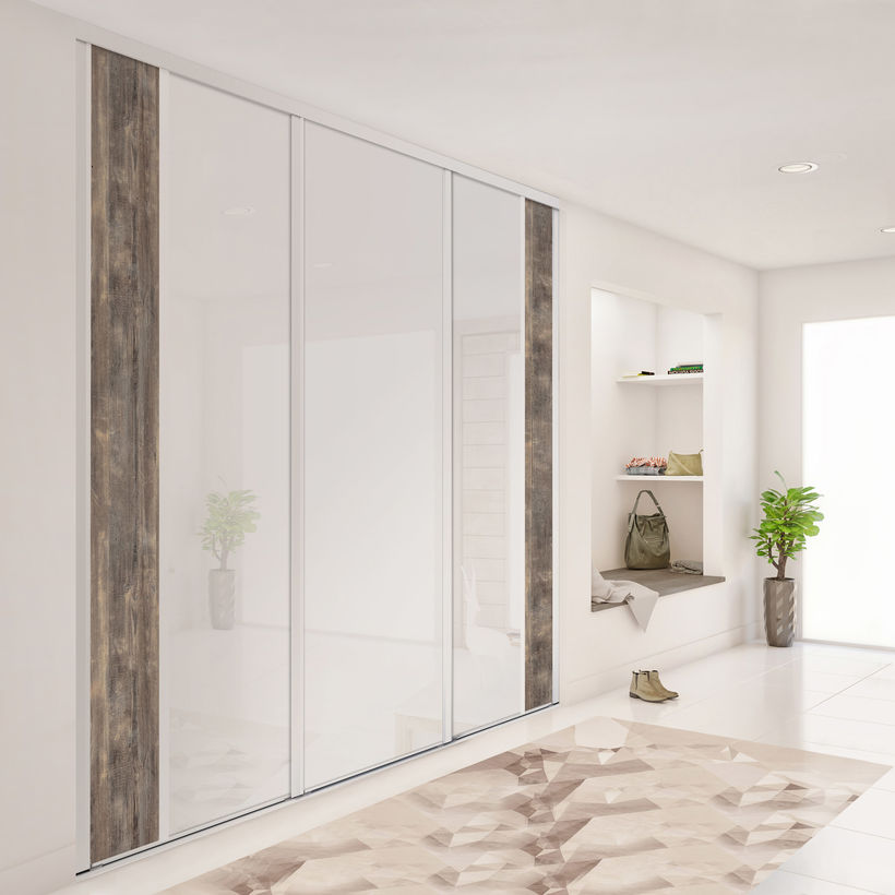 Façade de placard coulissante 3 portes verre laqué blanc pur, décor capanna brun