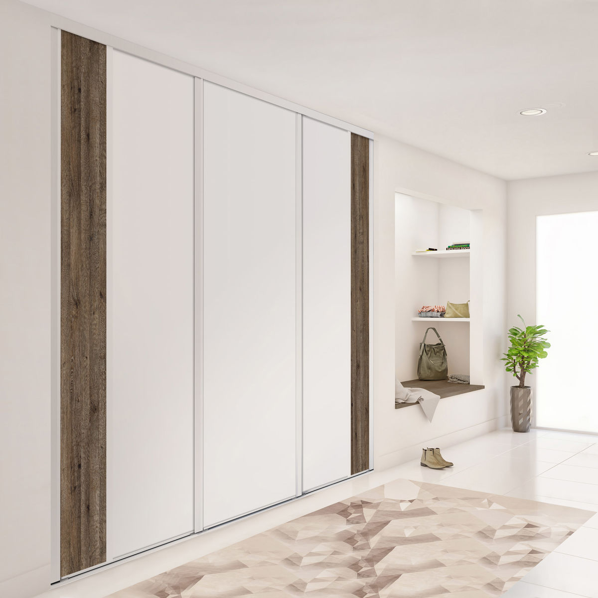 Façade de placard coulissante 3 portes décor blanc mat, décor authentique brun