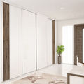 Façade de placard coulissante 4 portes verre laqué blanc pur, décor authentique brun