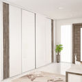 Façade de placard coulissante 4 portes verre laqué blanc pur, décor capanna brun