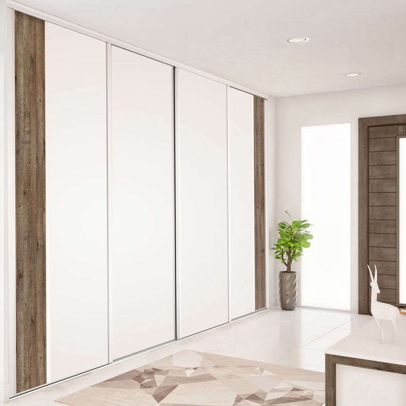 Façade de placard coulissante 4 portes décor blanc mat, décor authentique brun