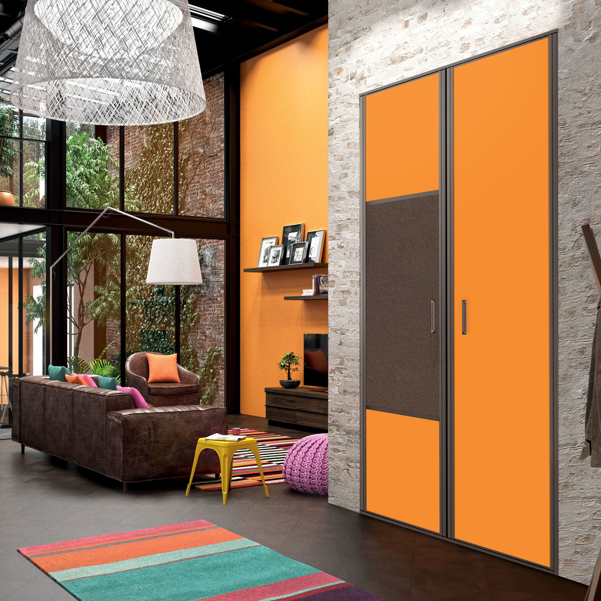Façade de placard pivotante 2 portes décor mandarine, effet cuir vintage brun
