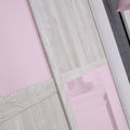 Façade de placard coulissante 2 portes verre laqué rose pastel, décor bois flotté crème